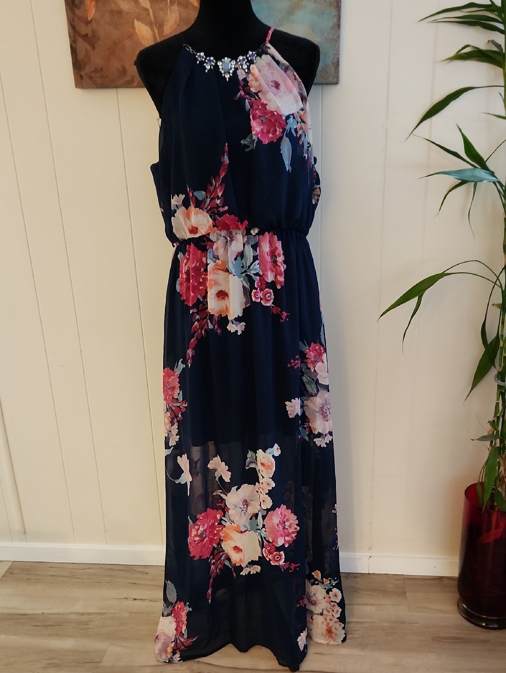 Crystal Doll Blue Navy Floral Maxi Dress With Jeweled Neck Size XXL